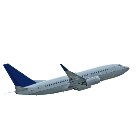 Ein Verkehrsflugzeug mit blauem Leitwerk und Winglets, das vor einem transparenten Hintergrund nach oben fliegt.