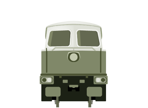 Frontansicht einer grün-weißen Lokomotive mit Scheinwerfern und Fenstern.