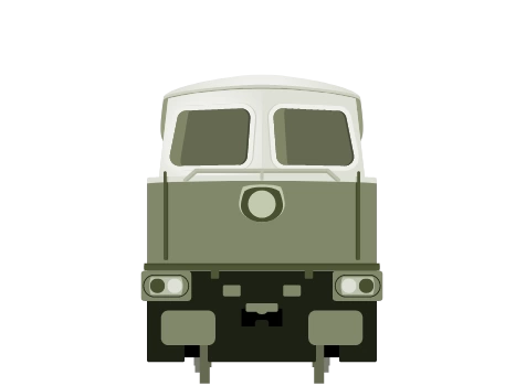 Front view of a green and white locomotive with headlights and windows.
