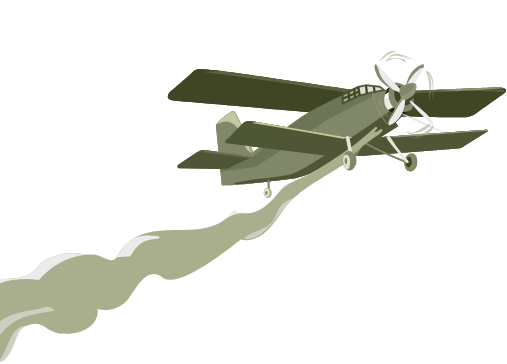 Illustration eines grünen Propellerflugzeugs, das mit einer wellenförmigen Spur hinter sich fliegt.