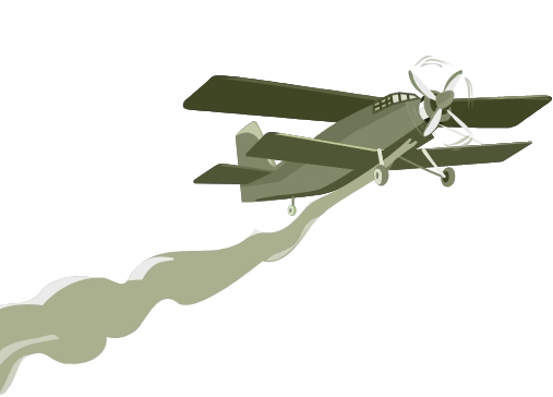 Illustration of a green propeller plane flying with an undulating trail behind it.