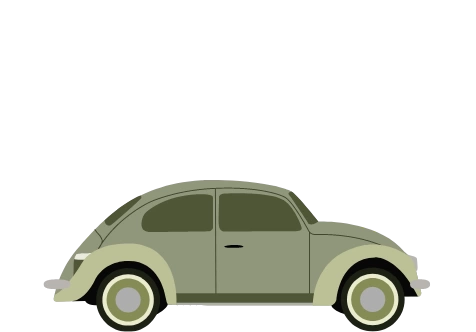 Illustration of a classic green Volkswagen Beetle in a side view against a white background.