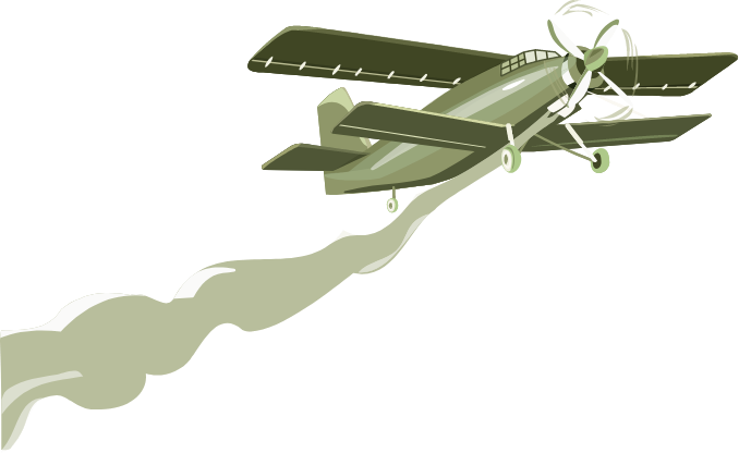 Grünes Propellerflugzeug mit einer Rauchfahne im Rücken, von unten und von der Seite gesehen.